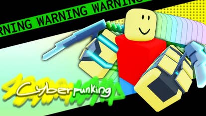 Artwork for the Roblox game Cyberpunking showing a Roblox character with futuristic, robotic attachments on their arms.