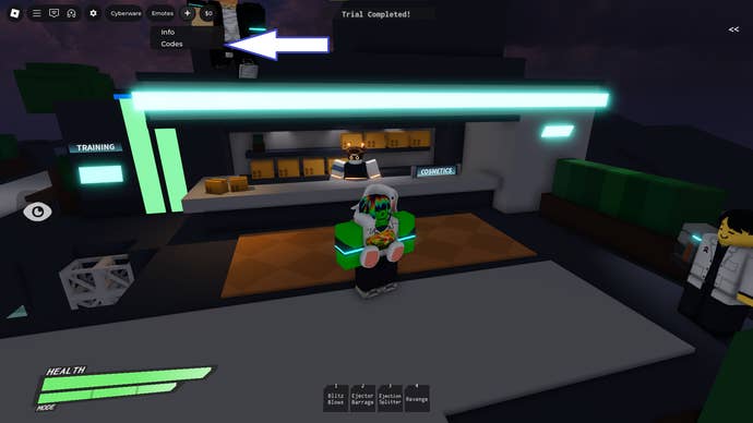 A screenshot of Cyberpunking in Roblox showing the game's codes button.