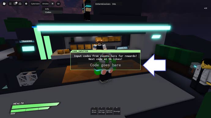A screenshot of Cyberpunking in Roblox showing the game's codes field.