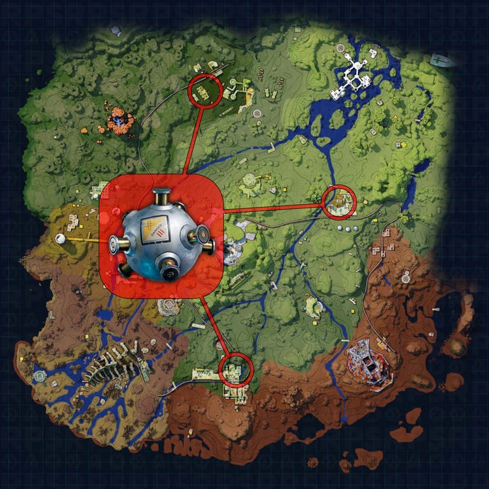 A map of Bright Sands in The Cycle: Frontier, with the locations of all Miniature Reactors highlighted.