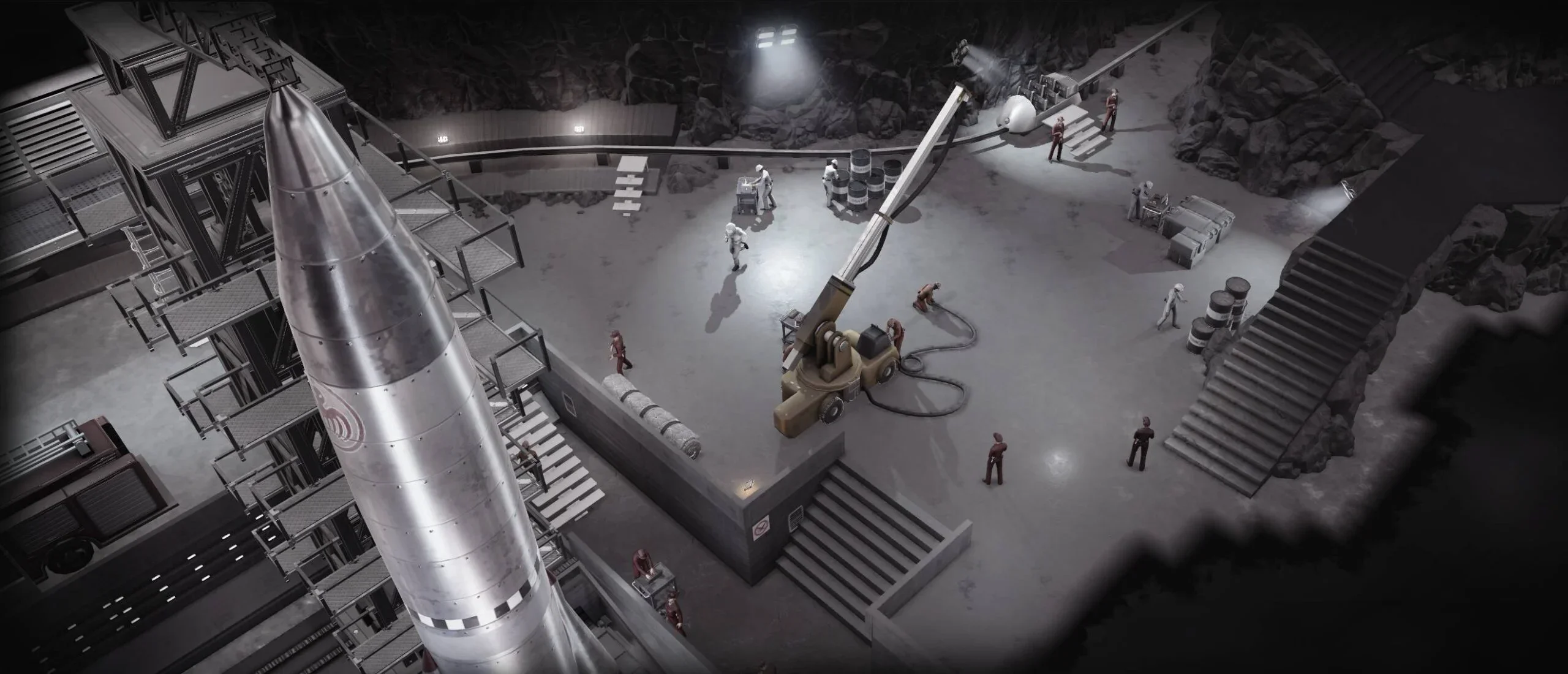 Black and white shot, over a missile, looking at James Bond take on hired goons in a launch base.