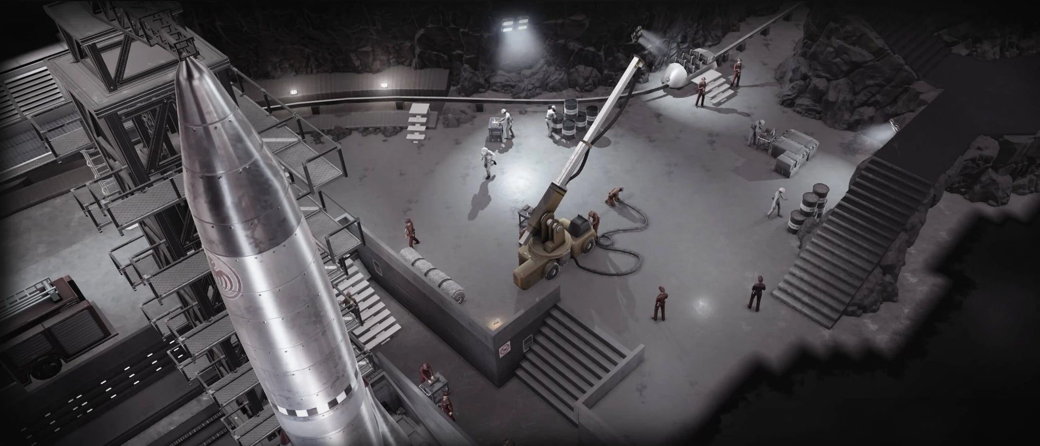 Black and white shot, over a missile, looking at James Bond take on hired goons in a launch base. - 5