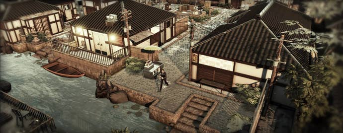 James Bond patrols a Japanese village, walking towards the dock of a small shipping stream.