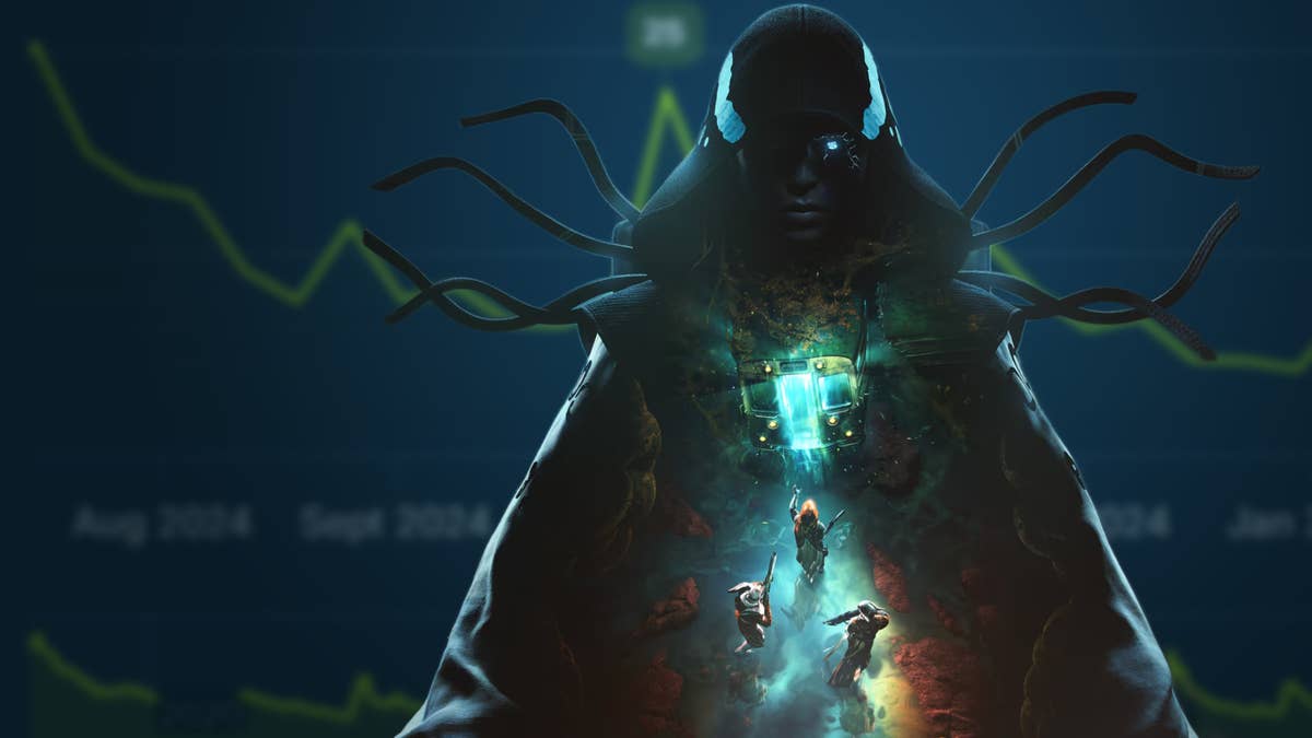 Destiny 2 promo image showing a mysterious figure with a glowing eye stands in the middle of a chart showing declining player numbers.