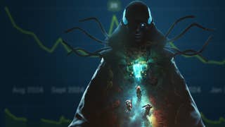 A mysterious figure with a glowing eye stands in the middle of a chart showing declining player numbers.