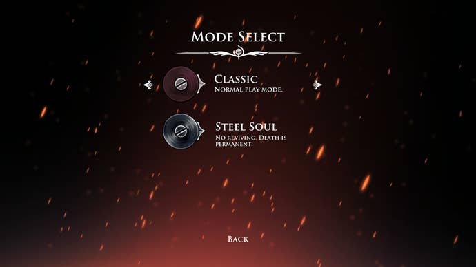 Screenshot from Silksong showing the Steel Soul mode option (played on Xbox Series X)