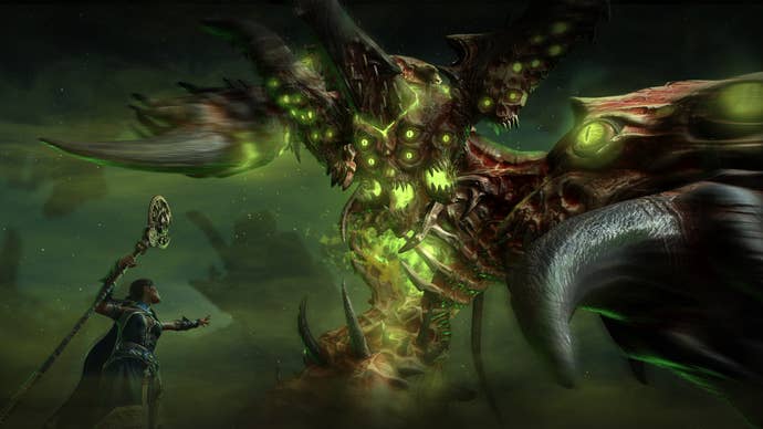 A demon fights a single staff-wielding hero in a greenish hell.