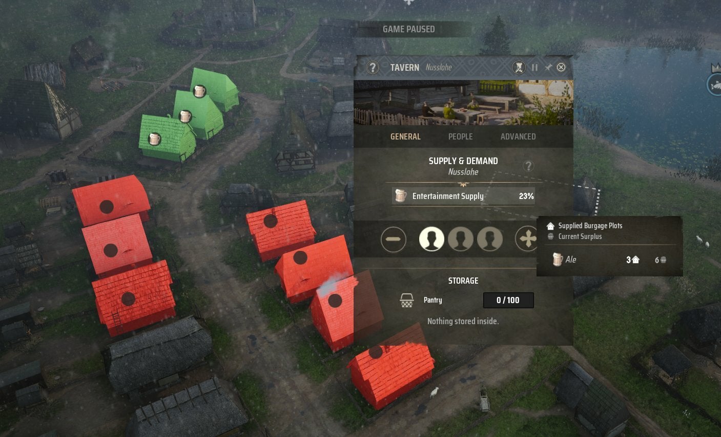 An ale and water distribution menu in Manor Lords with houses coloured red and green - 5