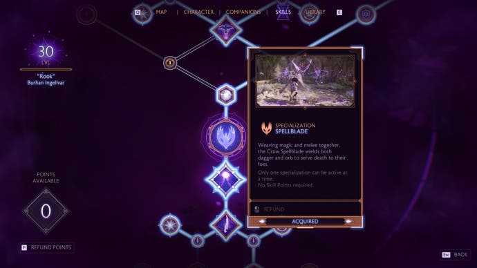 Tangkapan layar A Dragon Age: The Veilguard menunjukkan contoh pohon keterampilan protagonis Rook.