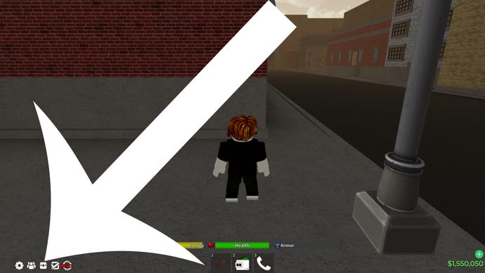 Arrow pointing at the button players have to press to access the codes menu in Da Hood.