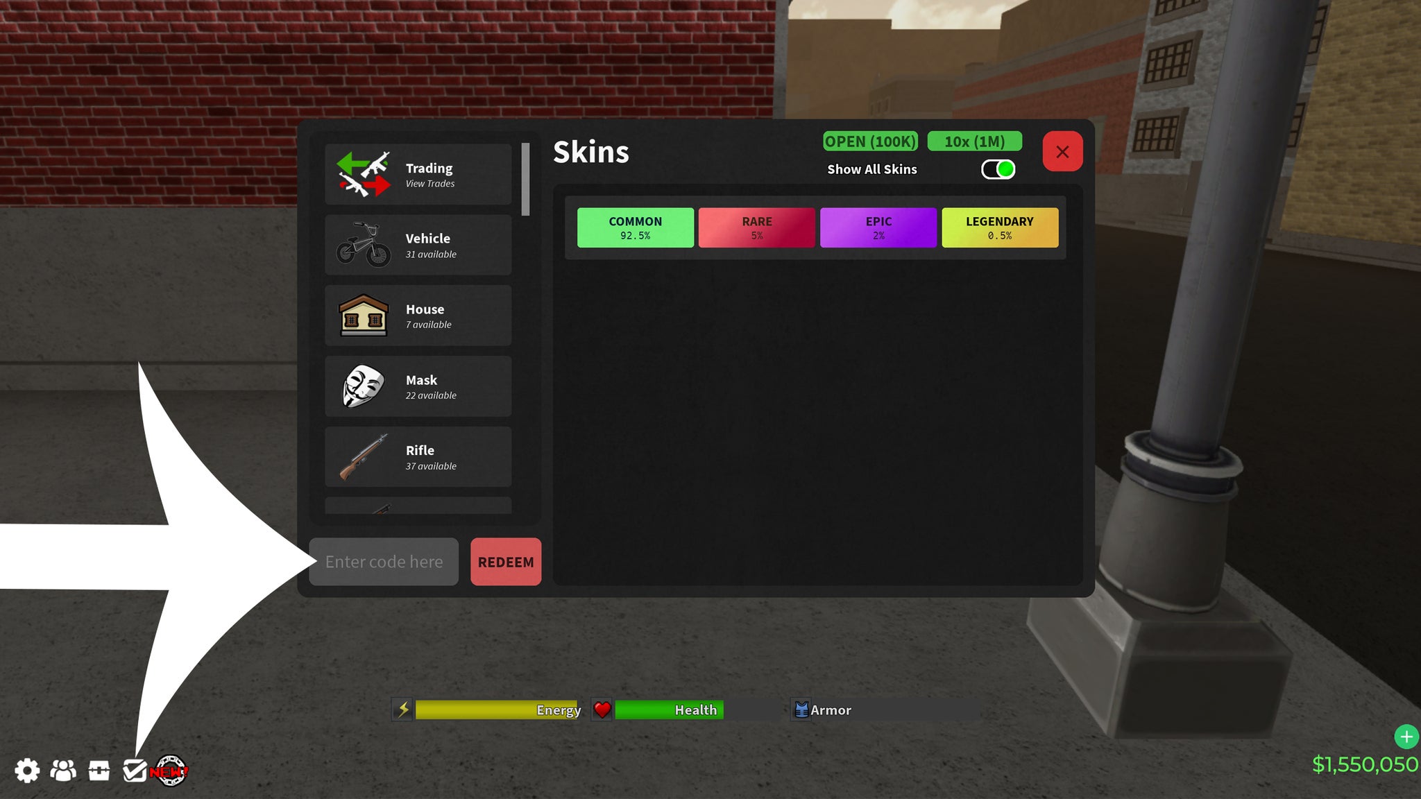 Arrow pointing at the codes menu in the Roblox game Da Hood. - 4