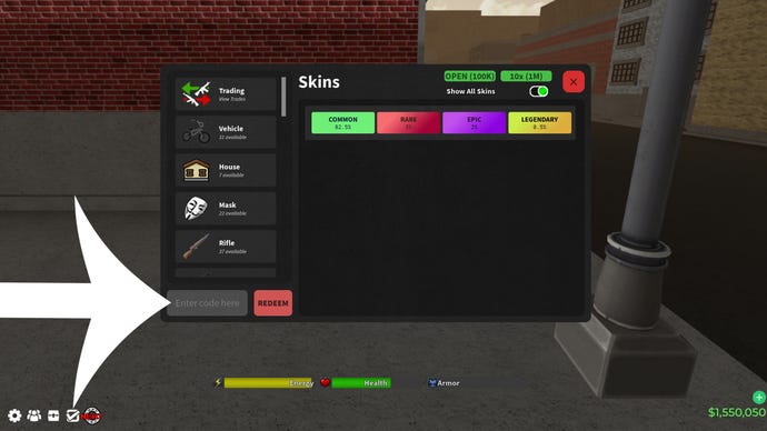 Arrow pointing at the codes menu in the Roblox game Da Hood.