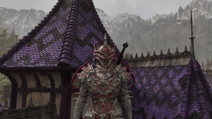 A female character wears a Daedric Armor set in The Elder Scrolls IV: Oblivion Remastered.