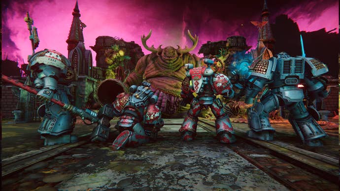 Four Justicar knights face a large ogre monster in Warhammer 40K: Chaos Gate - Daemonhunters