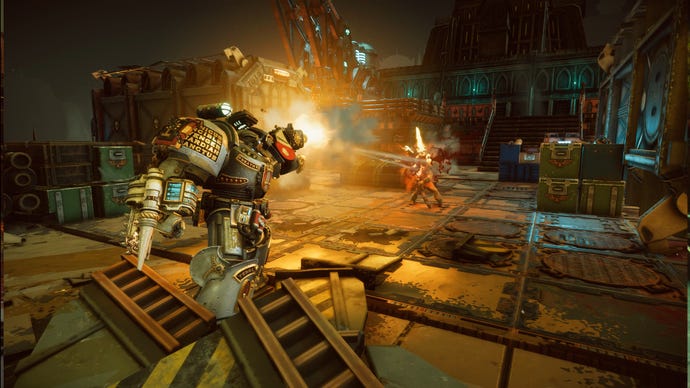 A Justicar knight fires their gun in Warhammer 40K: Chaos Gate - Daemonhunters