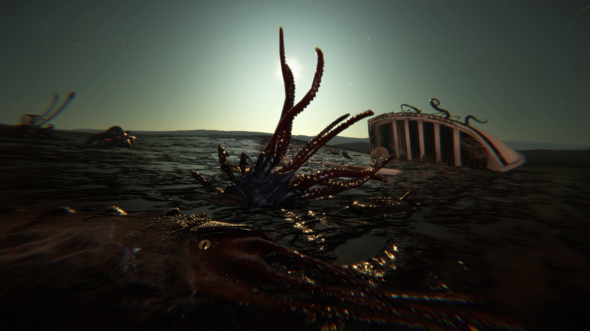 Some large squid in an ocean with floating wreckage in horror game Dagon. - 1