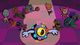 A screenshot of Dancing Duelists' character-select screen showing several fighters - including a clown, flower, and beatbox - gathered in a circle.