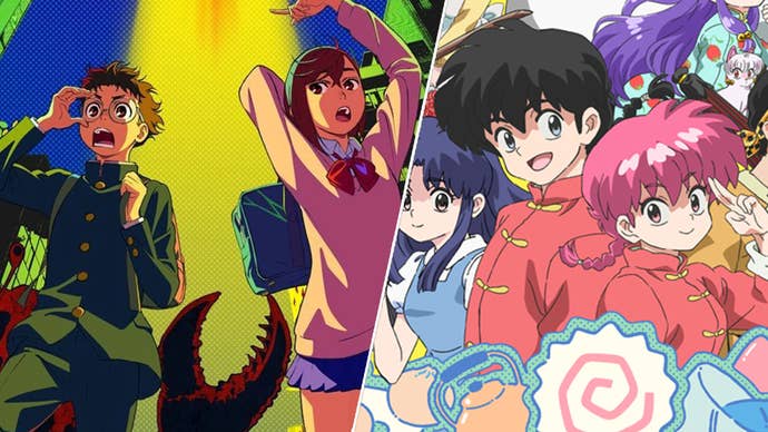 On the left, a teen boy and girl walking as a UFO tractor beam glows behind them in a poster for Dandadan. On the right, Ranma in his boy and girl form in a poster for the Ranma 1/2 remake.