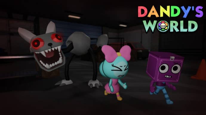 Artwork for the Roblox game Dandy’s World, showing two cute characters running away from a larger and scary animal-like creature.