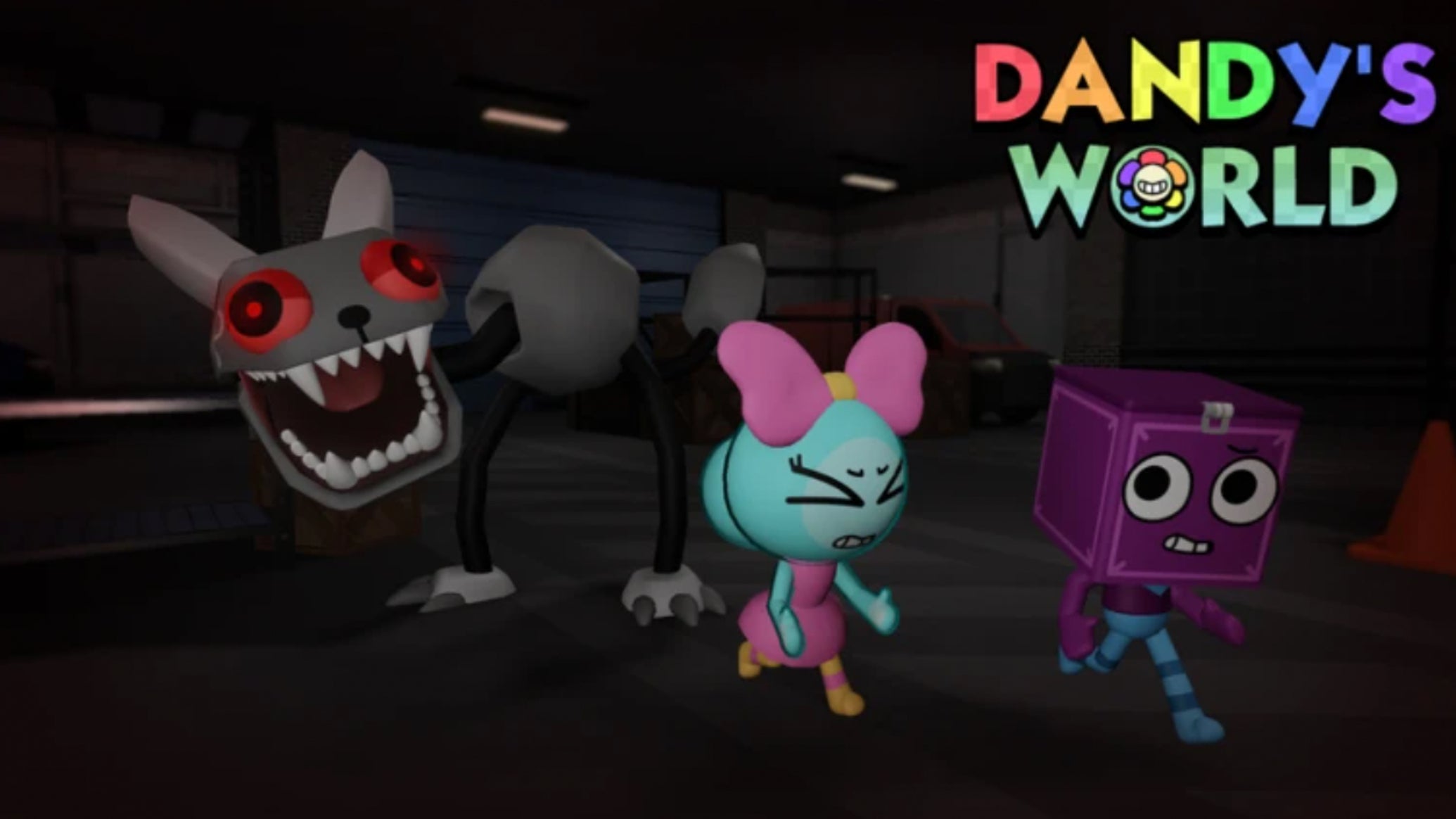 Artwork for the Roblox game Dandy's World, showing two cute characters running away from a larger and scary animal-like creature. - 1