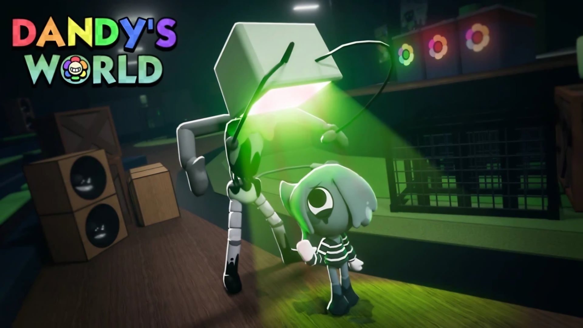 Stylised art from the Roblox game, Dandy's World, depicting a small creature being towered over by a monster with a CRT TV for a head. - 1