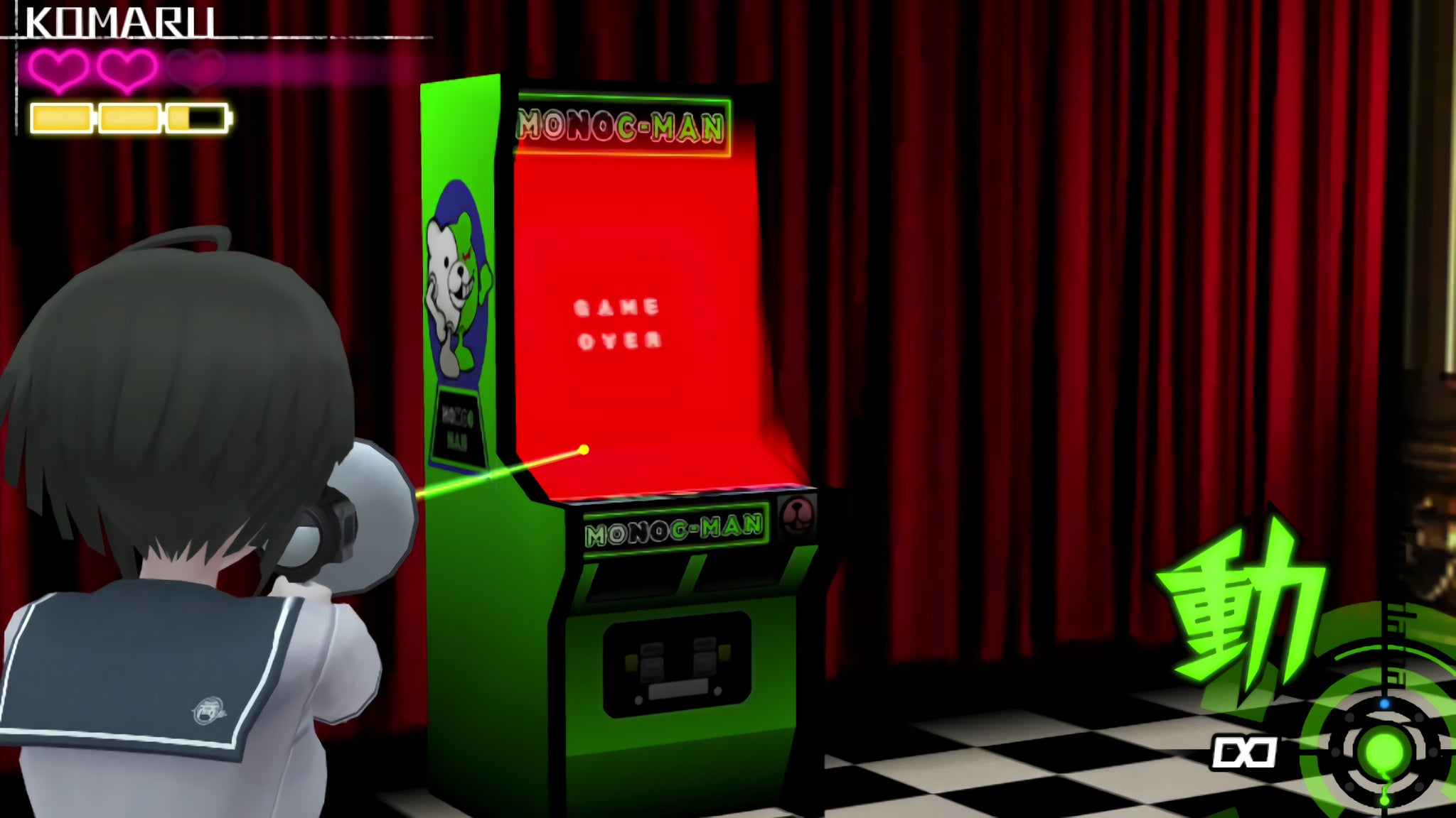 Komaru aims her laser target at an arcade machine in a room resembling the Black Lodge from Twin Peaks. - 6