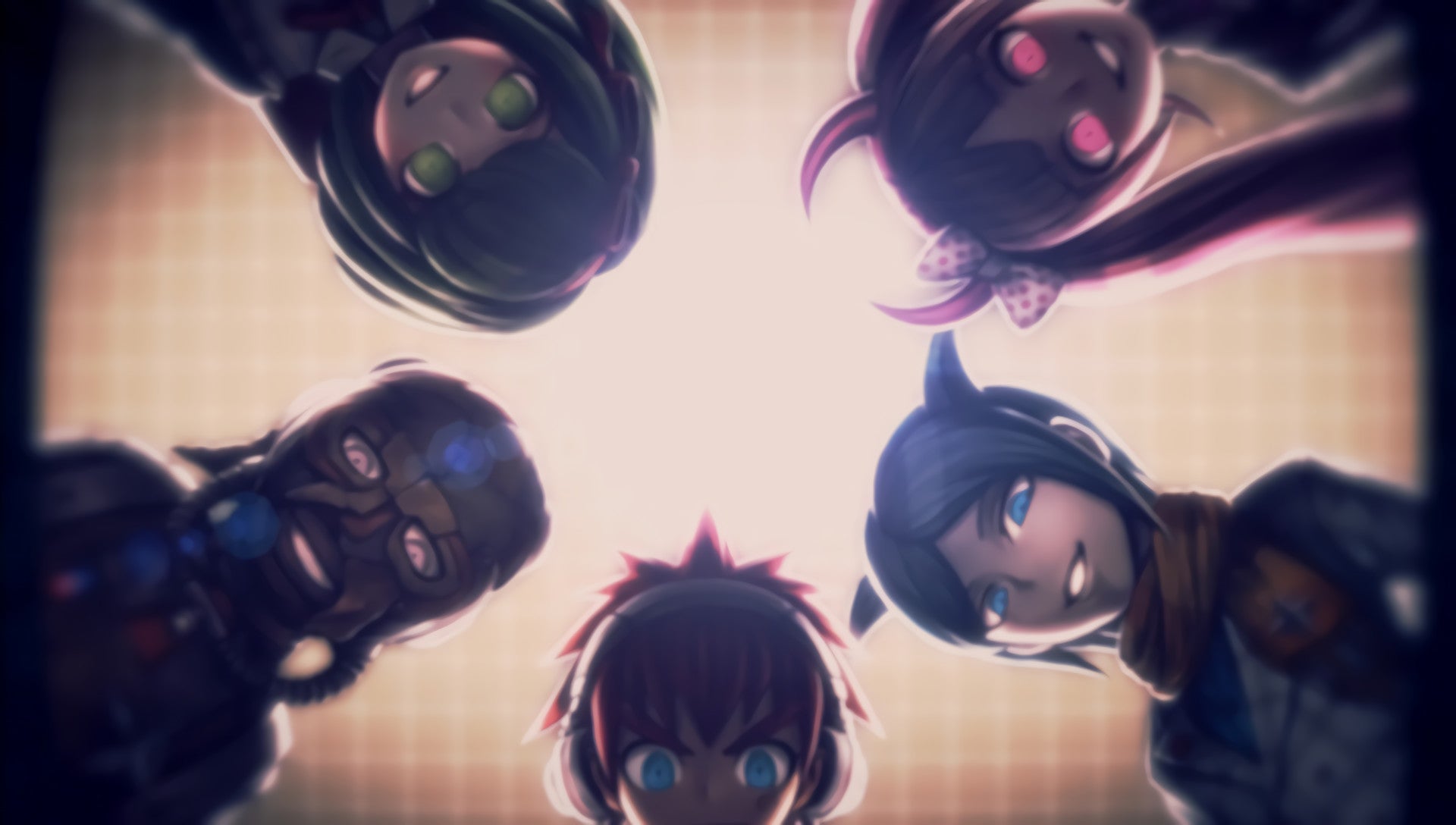 The Warriors of Hope stare down at the viewer in a circle (top row: Monaca and Kotoko; bottom row: Jataro, Masaru, and Nagisa) - 5