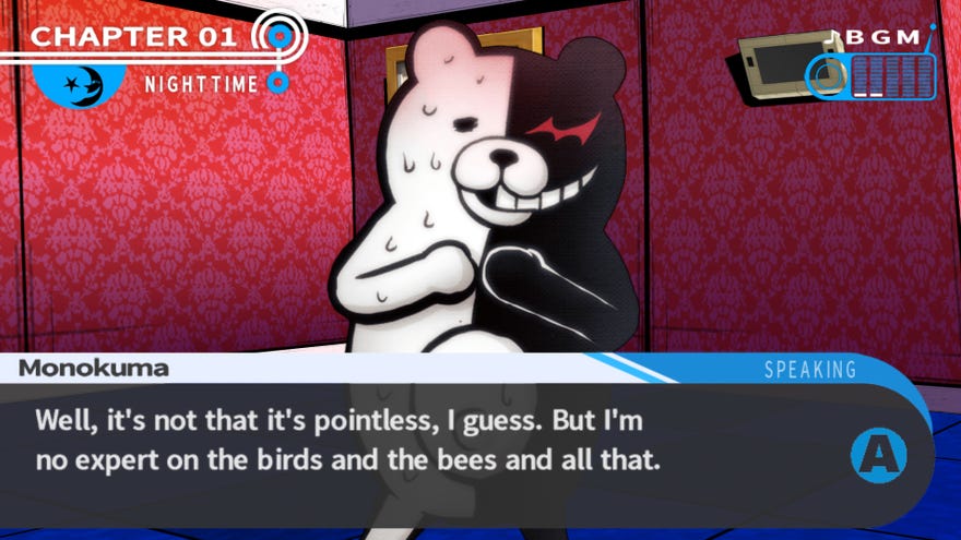 Monokuma talks about ‘the birds and the bees and all that’ in a Danganronpa: Trigger Happy Havoc screenshot.