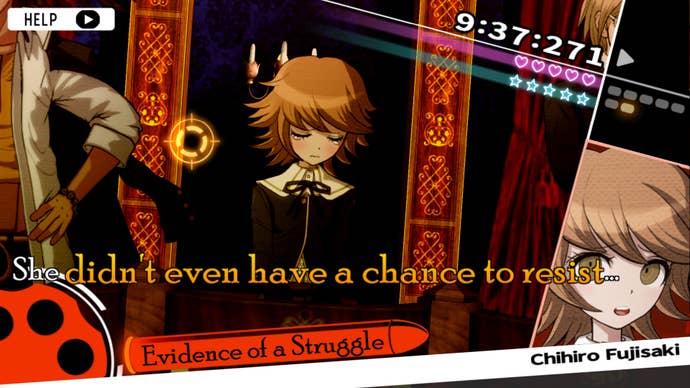 In the first murder trial section of Danganronpa: Trigger Happy Havoc, Chihiro tearfully summarises the victim’s demise: “She didn’t even have a chance to resist”. The player readiest evidence to counter this assertion: “Evidence of a struggle” is written on a truth bullet in the lower left hand corner.