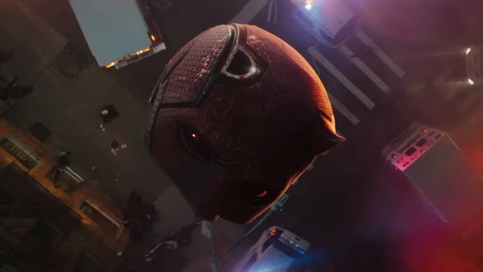 Daredevil’s signature red helmet is falling towards a city street, one of its horns broken off in Daredevil: Born Again.