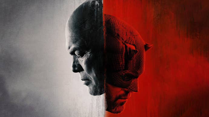 A poster for Daredevil: Born Again showing Kingpin and Daredevil’s faces placed against each other on a grey and red background.