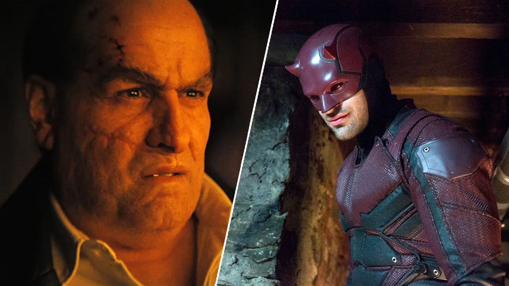 On the left, Colin Farrell as Oswald Cobblepot in The Penguin, a warm light is hitting his face, he's looking slightly disgruntled about something. On the right, Netflix's Daredevil stood in an underground area. - 1