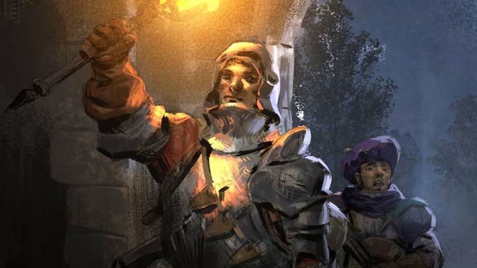 Dark and Darker artwork showing a knight entering a dingy stone tunnel with a flaming torch held above his head, while another character nervously follows behind him.