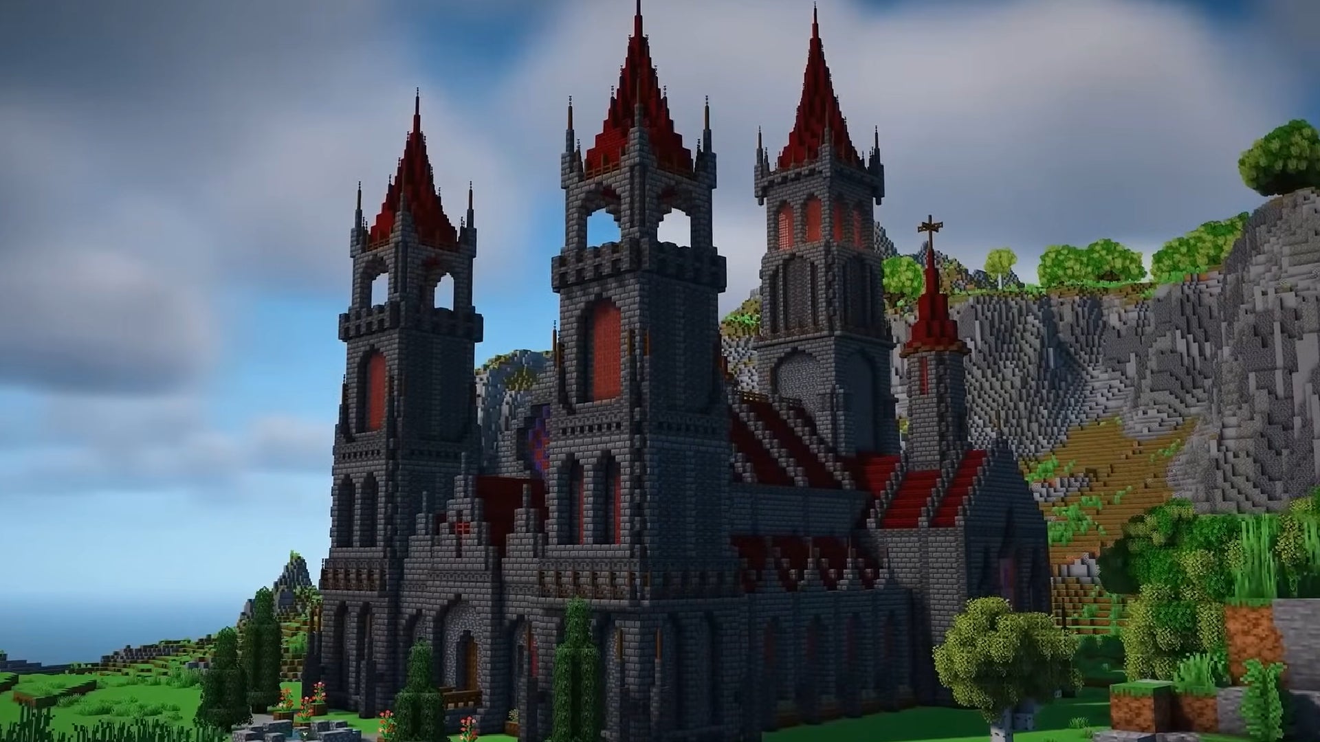 A red and black dark cathedral, built in Minecraft. - 8