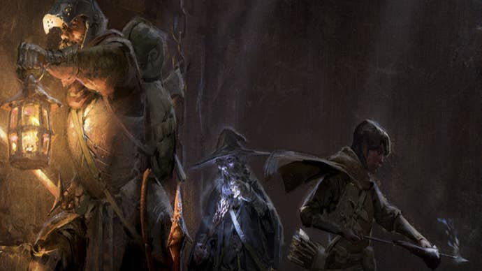 Dark and Darker class tier and builds: A knight, a rogue, and a wizard are walking through a dark stone corridor. The knight holds a lantern to light their way