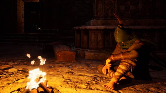 Dark and Darker solo classes and tips: A man wearing a cloth hood and brown shirt is sitting on a dirt floor in front of a campfire, with his left leg bent and his left elbow resting on his knee