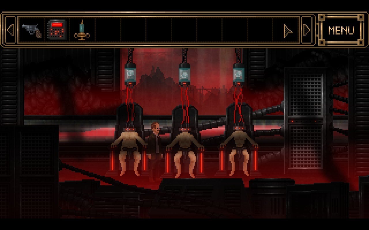 Standing next to three bodies with their brains in jars in The Dark Rites of Arkham. - 8