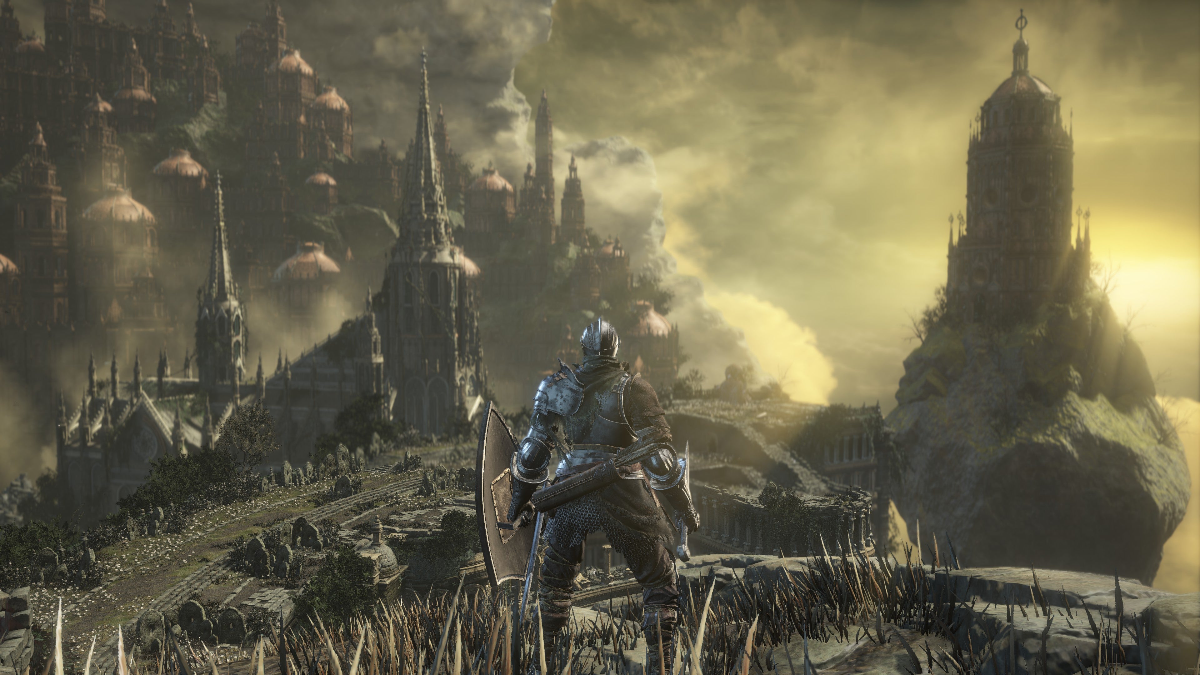 Screenshot of a boss battle in Dark Souls 3, featuring a large, ornate foe.