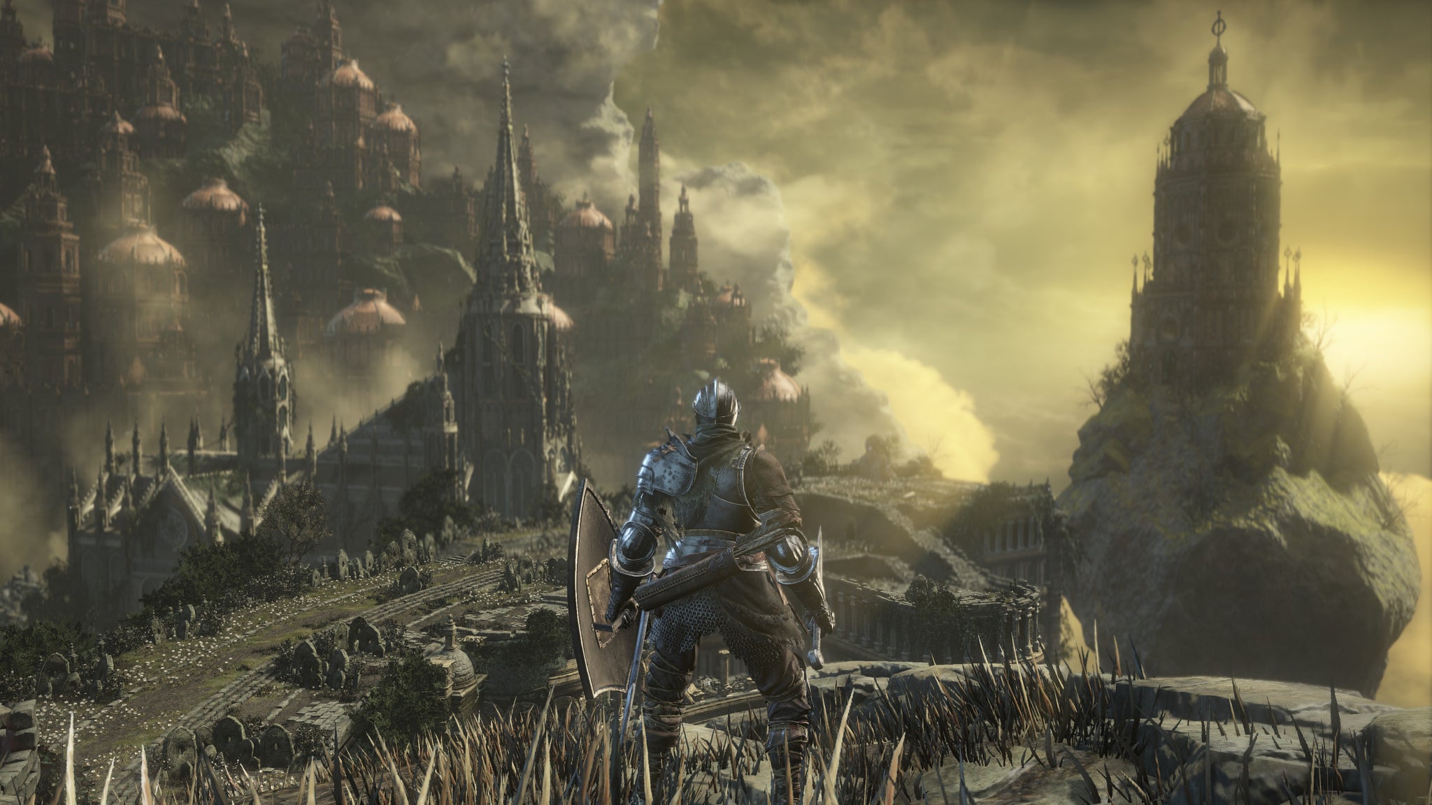 Screenshot of a boss battle in Dark Souls 3, featuring a large, ornate foe.