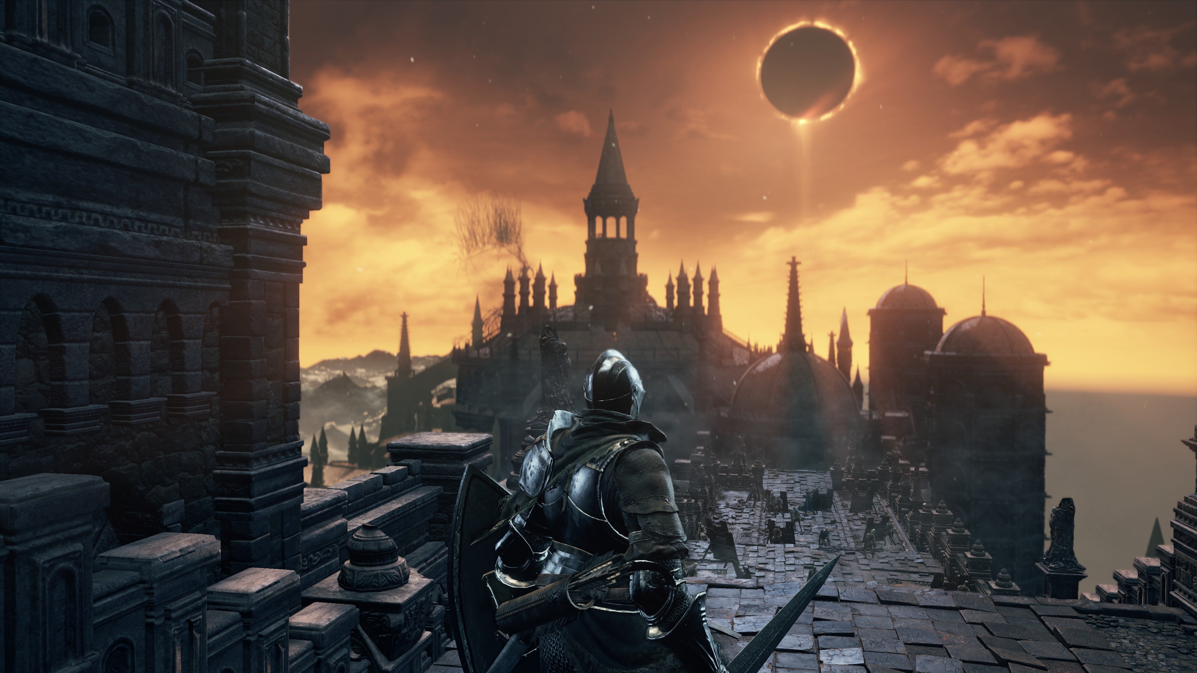 Gameplay screenshot from Dark Souls 3, showing a player character in a gothic environment.