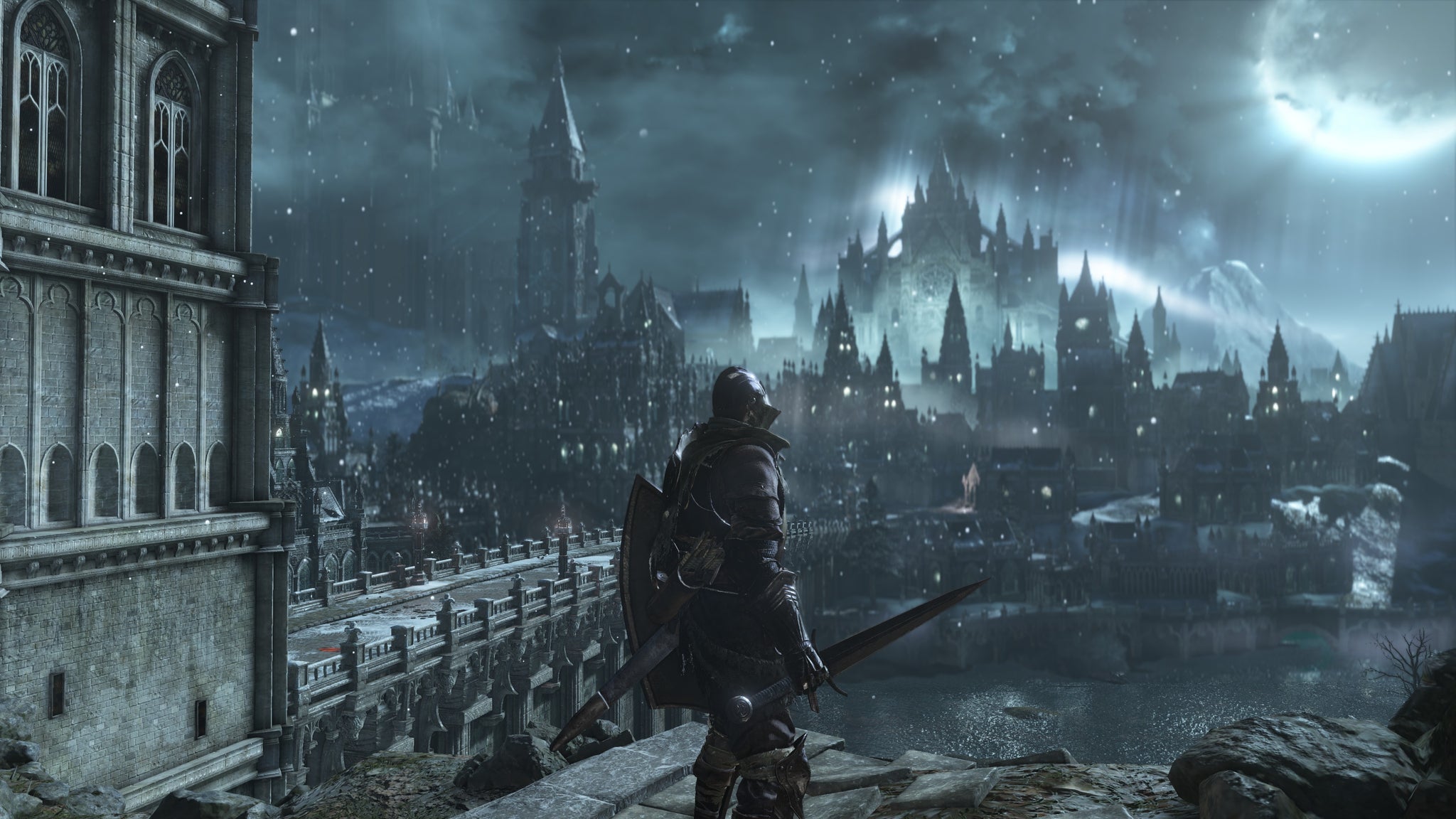 Gameplay screenshot from Dark Souls 3, showing a boss arena with a large, imposing structure.