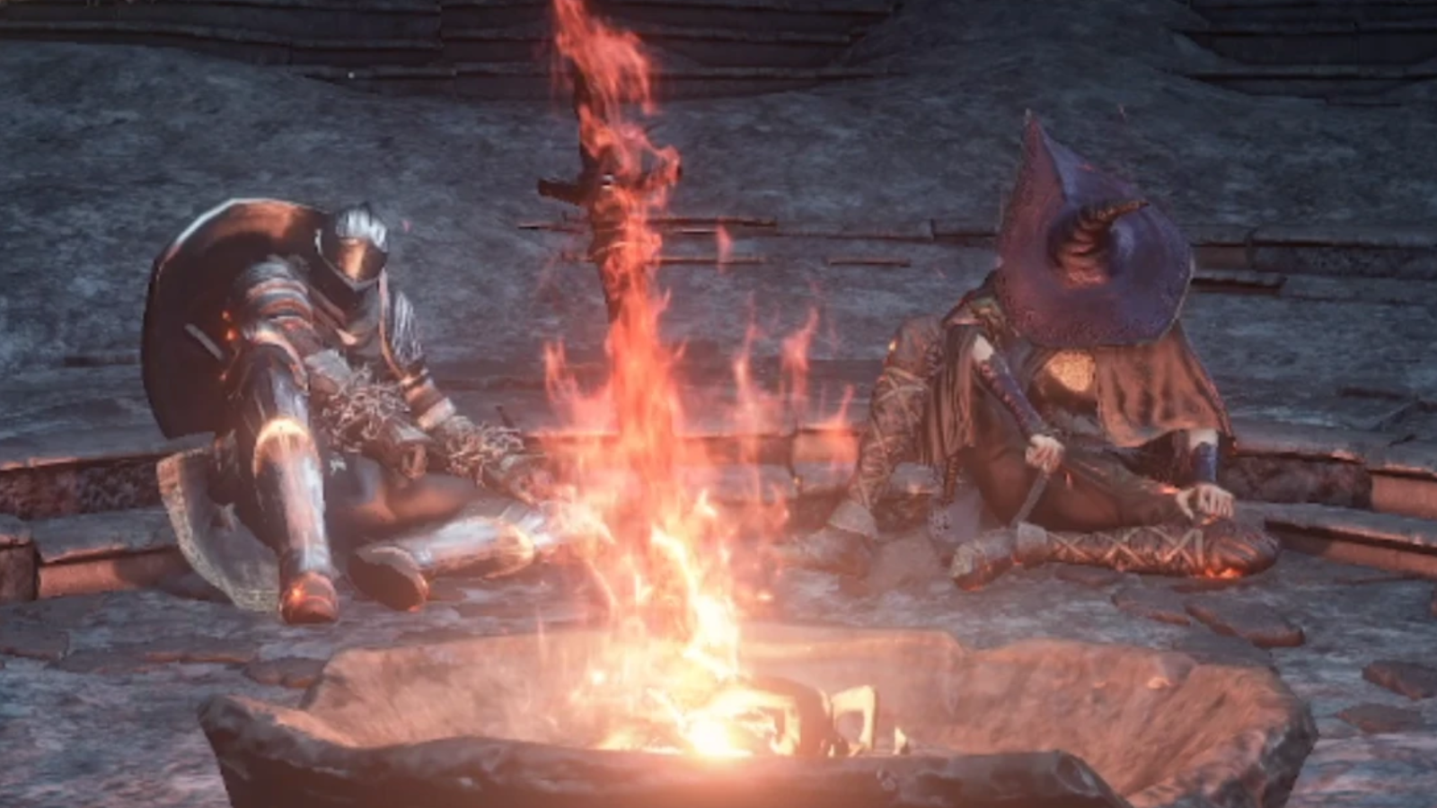 Dark Souls 3 screenshot showing knight and mage characters sat around a bonfire thanks to co-op mod