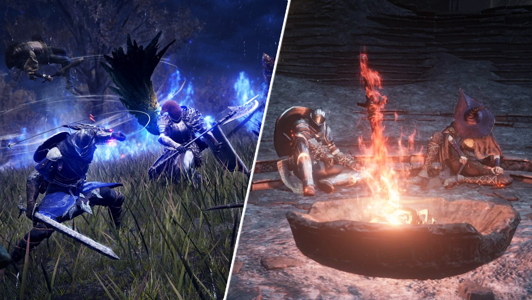Some players sitting by a bonfire in Dark Souls 3opposite some players battling in Elden Ring Nightreign. - 1
