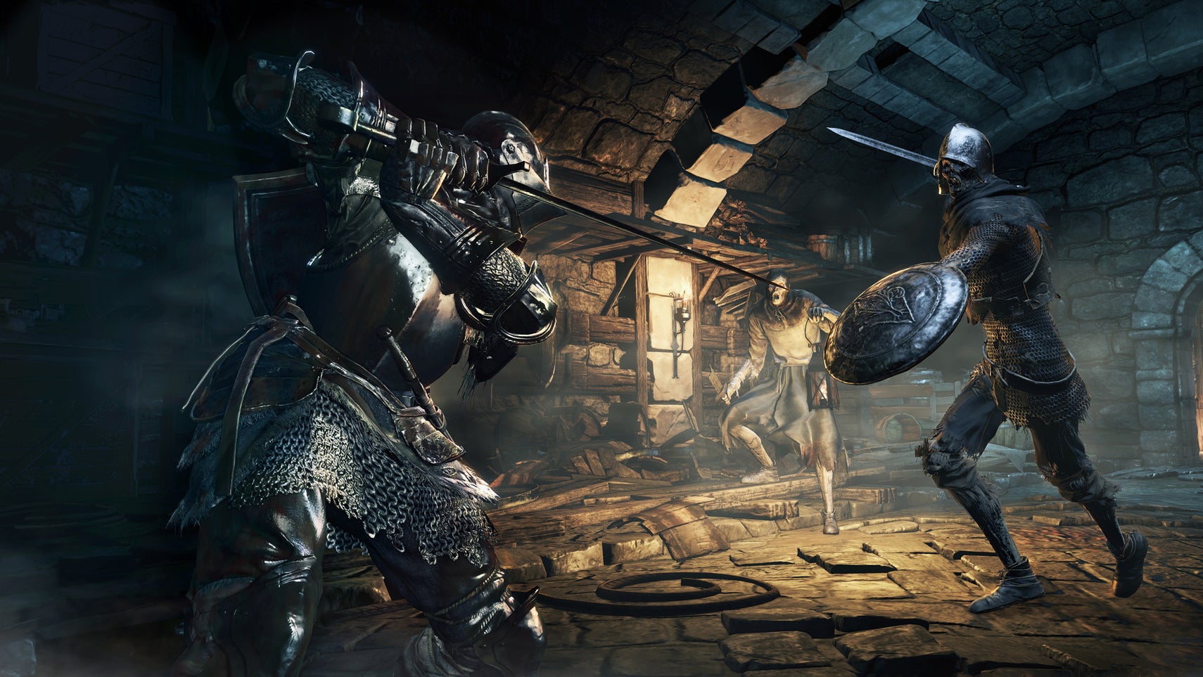 Dark Souls 3 screenshot showing the player character in a suit of armour preparing to stab an undead soldier in an underground, stone slab area. - 1