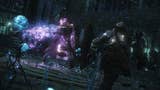 Screenshot of Dark Souls: Archthrones mod showing armored player character against huge armoured boss with glowing purple magic sword