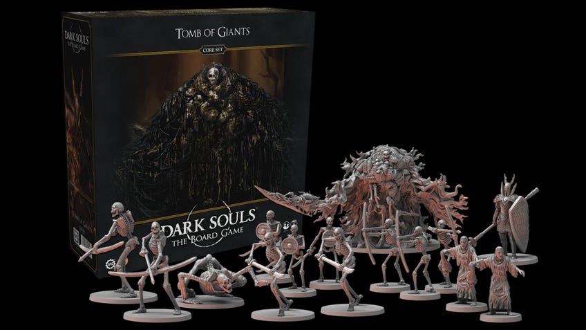 The box and miniatures for the Tomb of the Giants core set for Dark Souls: the Board Game
