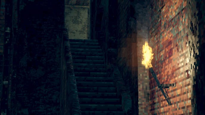 A dark, dungeon environment with a torch on the wall in Dark Souls mod Pixel Souls: Demastered