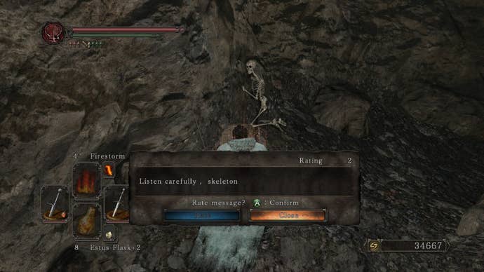 The player in Dark Souls reads a message left by another: “Listen carefully, skeleton”