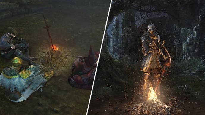 Dark Souls: Remastered’s main character lighting a bonfire, next to some seamless co-op players sitting around one.
