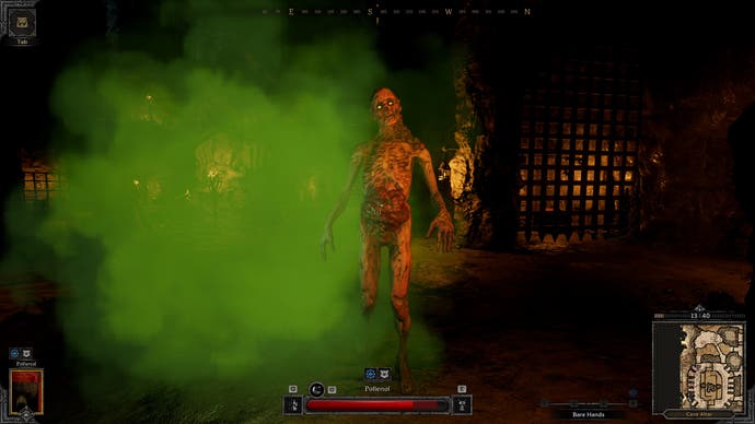 A screenshot of a rotten zombie attacking a player in a dungeon, as seen from a first-person perspective. There's a green cloud next to it, of stinkiness.